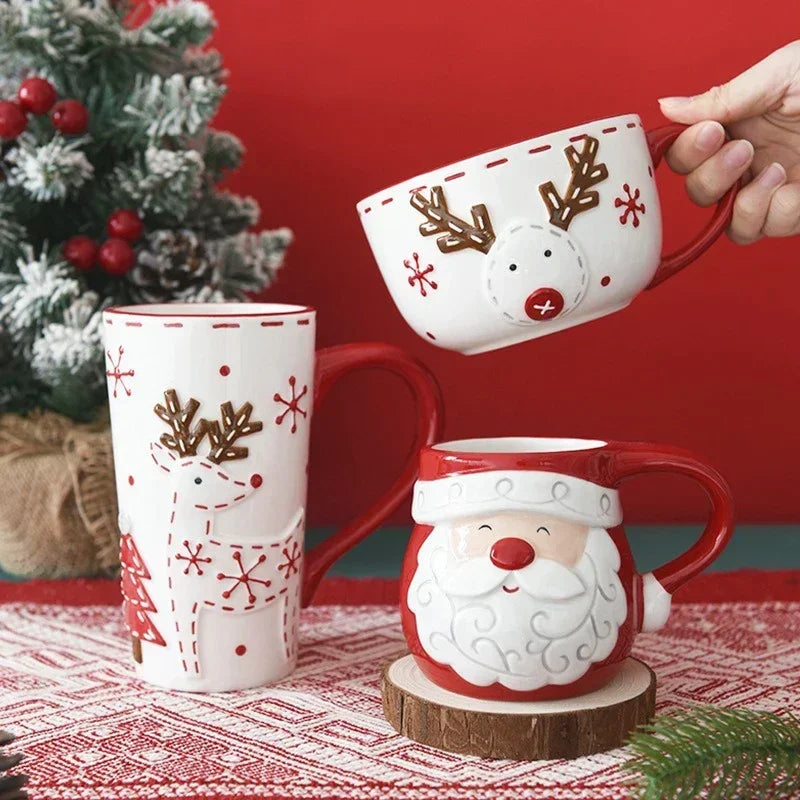 Christmas Santa Claus Ceramic Mug – Embossed Reindeer Coffee & Milk Cup for Breakfast, Kids’ Xmas Gift & Holiday Home Drinkware