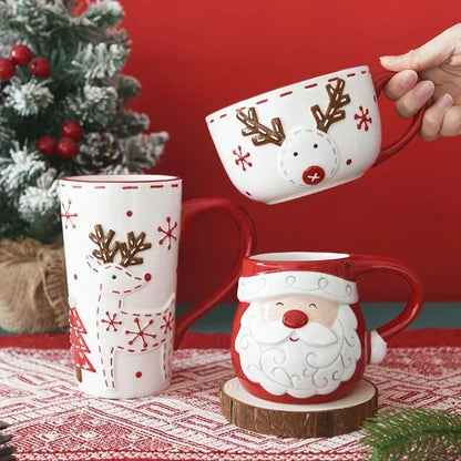 Christmas Santa Claus Ceramic Mug – Embossed Reindeer Coffee & Milk Cup for Breakfast, Kids’ Xmas Gift & Holiday Home Drinkware