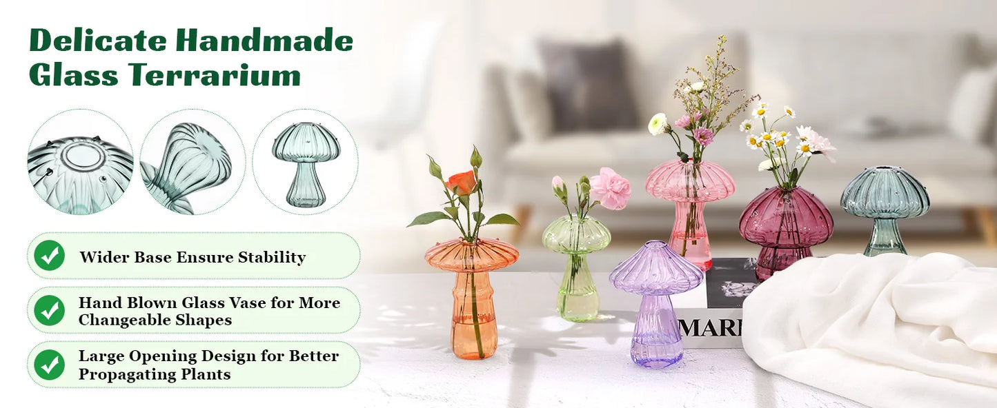 Mini Mushroom Glass Vase Set – Propagation Terrarium for Plants, Flowers & Home Office Décor
