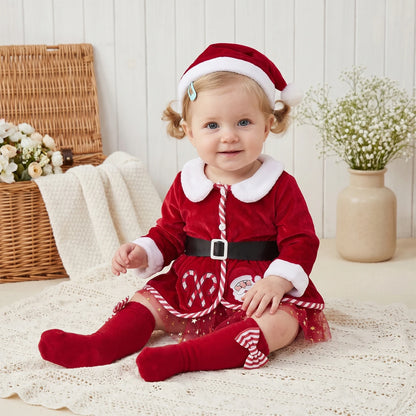 Baby Girls Christmas Santa Claus Costume Set, Princess Velvet Romper Dress with Embroidered Details, Belt, Santa Hat and Stockings, Festive Xmas Holiday Outfit for Christmas Parties and Photoshoots