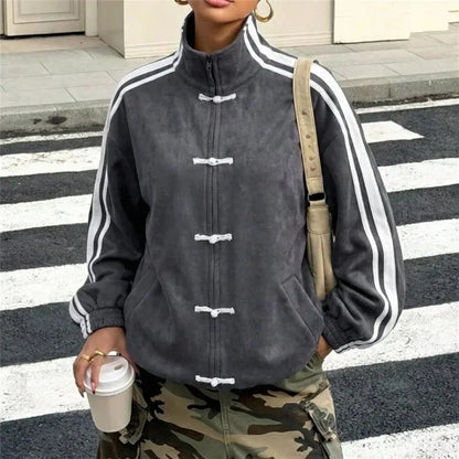 Women’s Chinese Frog-Button Jacket – Retro Oversized Stand Collar Track Coat with Striped Sleeves, Zip-Up Closure & Casual Streetwear Style