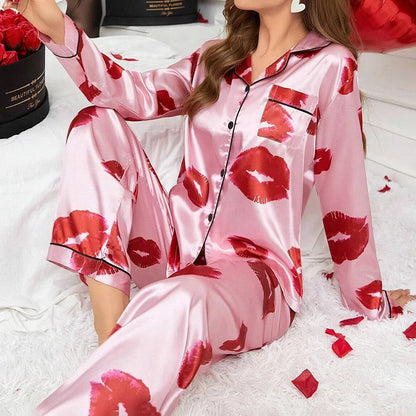 Women's Satin Pajama Set – 2-Piece Long Sleeve Button-Up Top & Pants, Soft Autumn Sleepwear & Loungewear