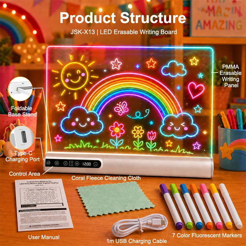 Rechargeable LED Drawing Board for Kids – Neon Glow Doodle Pad with Clock & Auto-Off Timer, Creative Birthday and Christmas Gift