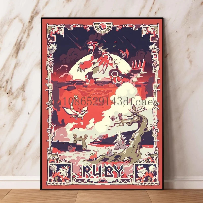 Toile murale rétro Pokémon – Affiche d'anime classique Rayquaza et Lugia Décoration d'intérieur moderne