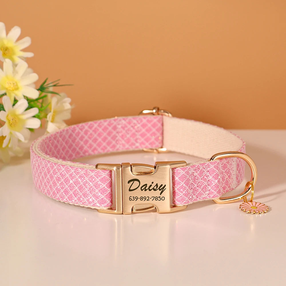 Custom Bling Nylon Dog Collar – Personalized Engraved ID Name Collar with Cute Flower Tag for Small & Medium Dogs and Cats