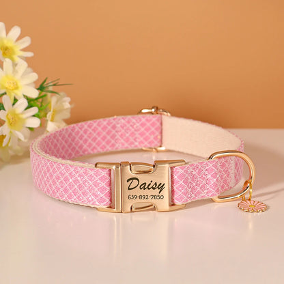 Custom Bling Nylon Dog Collar – Personalized Engraved ID Name Collar with Cute Flower Tag for Small & Medium Dogs and Cats