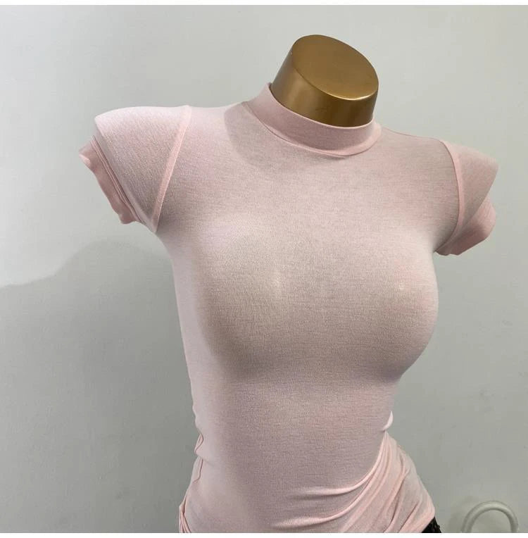 Half High Collar Korean T-Shirt – Transparent Short Sleeve Slim Fit Elastic Inner Top, Solid Color Bottoming Shirt for Women, Stylish Layering & Fashion Casual Wear