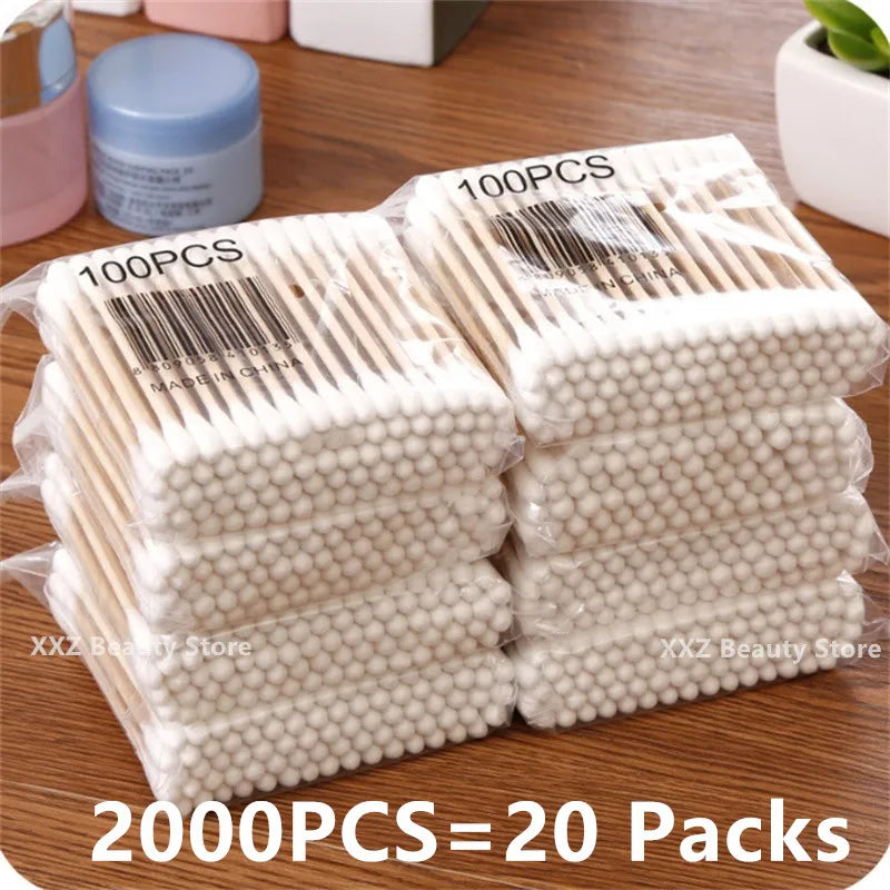 100/500/1000/2000 bastoncillos de algodón de doble punta con palos de madera – para maquillaje, belleza, nariz, oídos y cuidado personal