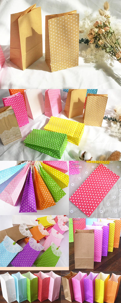 10PCS Stand-Up Colorful Gift Bags with Stickers – Solid, Striped & Polka Dot Treat Bags for Wedding, Birthday & Party Favors (18×9×6cm)