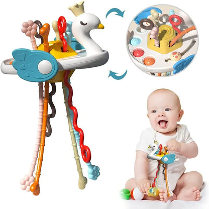 Juguete Sensorial de Silicona Montessori con Cuerda para Bebés – Mordedor Sonajero para Bebés de 6 a 12 Meses