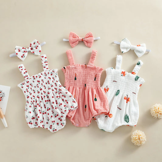 Pudcoco Conjunto de verano de 2 piezas para bebé niña, pelele estampado sin mangas con diadema, 0-18 meses