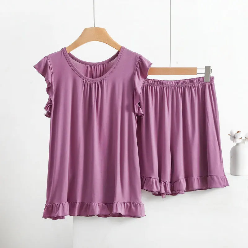 Women's Modal Lace Pajama Set – Peter Pan Collar Sleeveless Top & Shorts Two-Piece Summer Sleepwear
