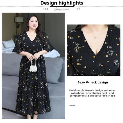 Plus Size Women's Floral Chiffon Dress – Elegant V-Neck A-Line Midi Dress with Flowy Skirt for Summer