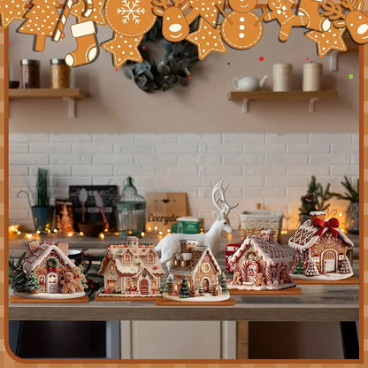 5PCS Wooden Gingerbread Christmas Decorations – Gingerbread House Ornaments & Winter Table Centerpiece Decor for Xmas Home & Parties