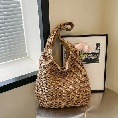Sac à bandoulière en rotin tressé pour femmes – Grand sac cabas en paille tressée, sac de plage d'été pour femmes, sac de voyage décontracté pour les vacances, le shopping et un usage quotidien