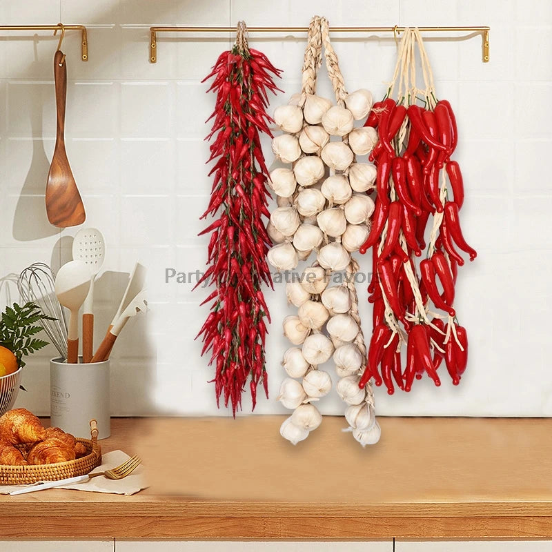 Artificial Foam Vegetable Hanging Decor – Chili Pepper, Garlic & Pumpkin String for Kitchen, Farmhouse, Home & Party Decoration