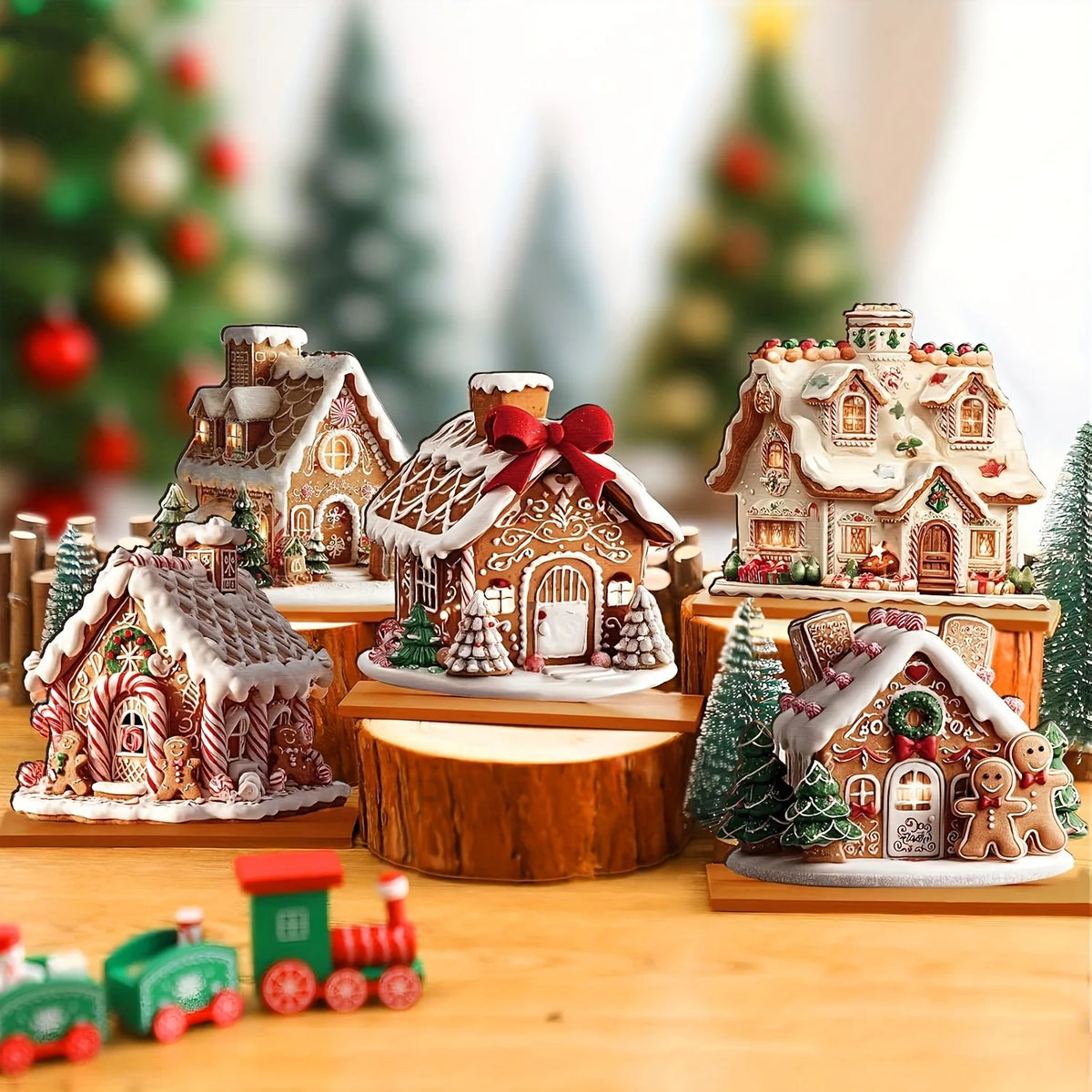 5PCS Wooden Gingerbread Christmas Decorations – Gingerbread House Ornaments & Winter Table Centerpiece Decor for Xmas Home & Parties