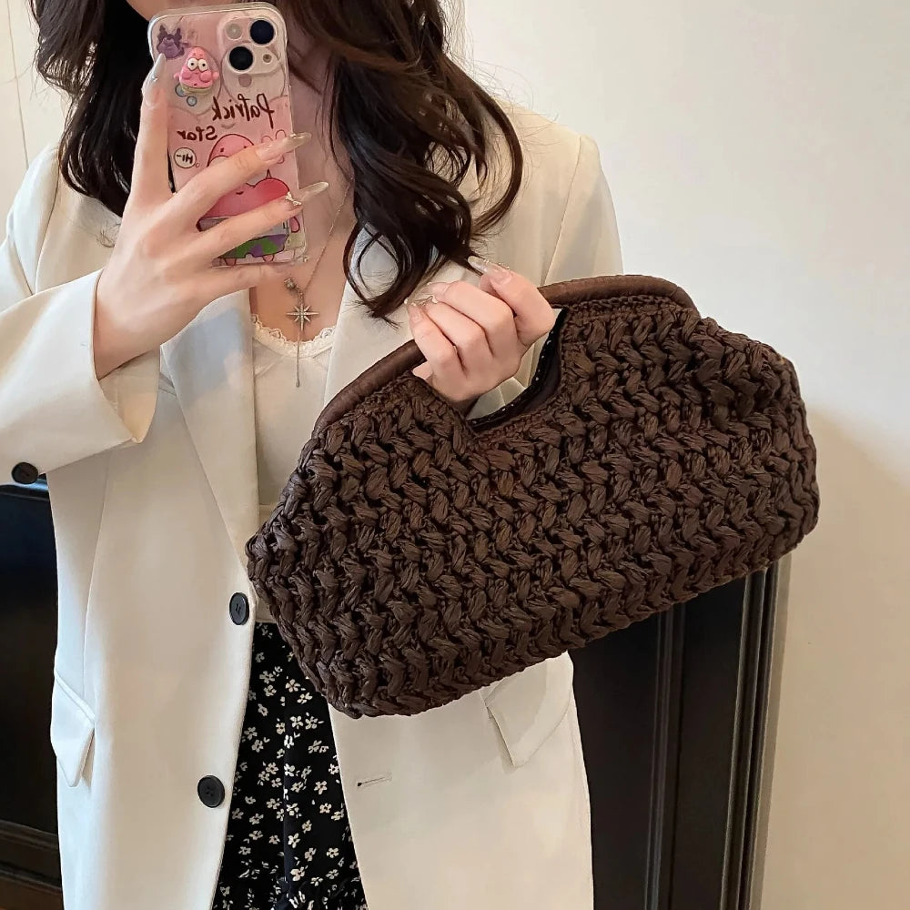 Bolso de playa de lujo de paja tejida para mujer - Bolso de mano de ratán de moda, Bolso de mano de verano para viajes, vacaciones, compras y salidas casuales, Bolso tejido a mano inspirado en el diseñador