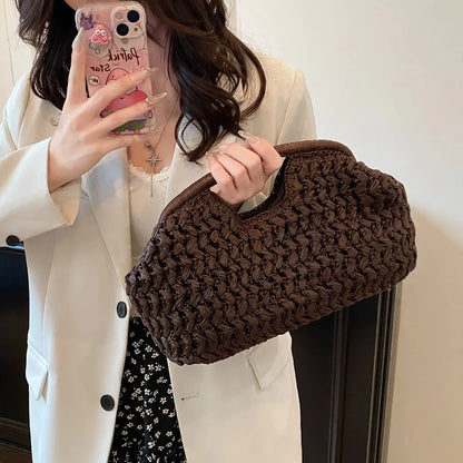 Bolso de playa de lujo de paja tejida para mujer - Bolso de mano de ratán de moda, Bolso de mano de verano para viajes, vacaciones, compras y salidas casuales, Bolso tejido a mano inspirado en el diseñador