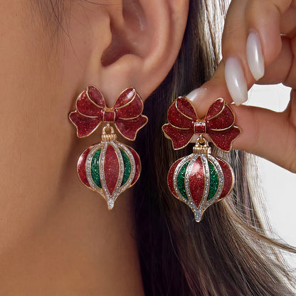 Christmas Bow Drop Earrings for Women – Glitter Red & Green Holiday Dangle Earrings, Festive Party Jewelry, Cute Gift Accessories
