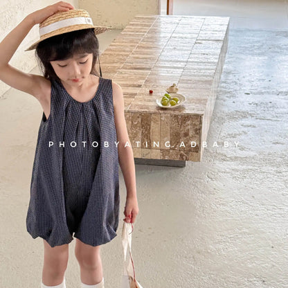 Deer Jonmi 2026 Mono a cuadros de verano para bebé niña – Pelele linterna sin mangas estilo coreano, body informal de ajuste holgado para niños, conjunto de verano cómodo para bebés y niñas