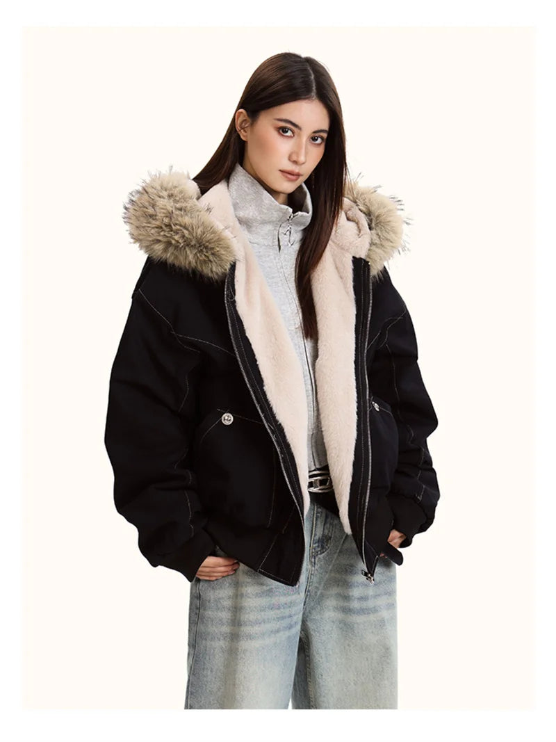 ZAROY Unisex Y2K Gothic Parka Jacket Faux Fur Collar Hooded Thick Padded Winter Coat Harajuku Streetwear Zipper Outerwear for Women and Men