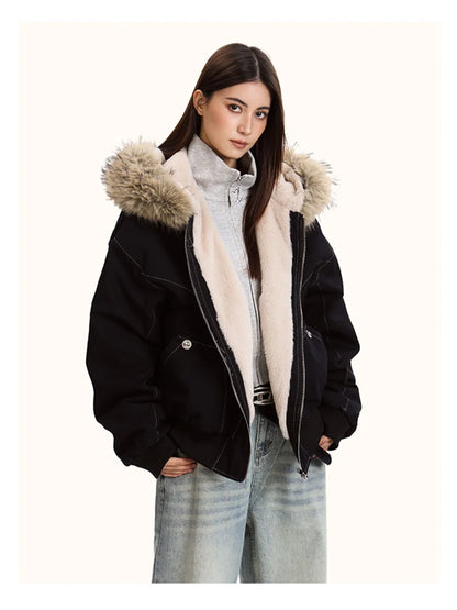 ZAROY Unisex Y2K Gothic Parka Jacket Faux Fur Collar Hooded Thick Padded Winter Coat Harajuku Streetwear Zipper Outerwear for Women and Men