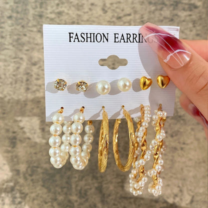 Boucles d'oreilles créoles dorées grand cercle pour femmes, ensemble bohème vintage, perle, cœur, zircon, clous, bijoux cadeau