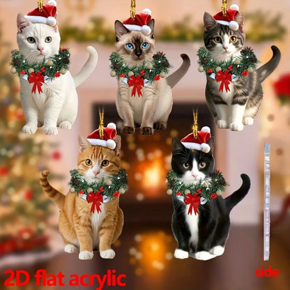 Cute Cat 2D Acrylic Christmas Pendant – Flat Hanging Ornament for Xmas Tree, Holiday Party & Festive Home Decor