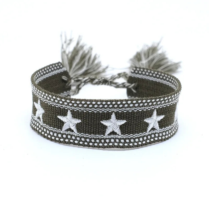 Pulsera de estrella bordada bohemia – Correa de muñeca tejida a mano con borlas para mujer | Regalo de joyería de moda étnica