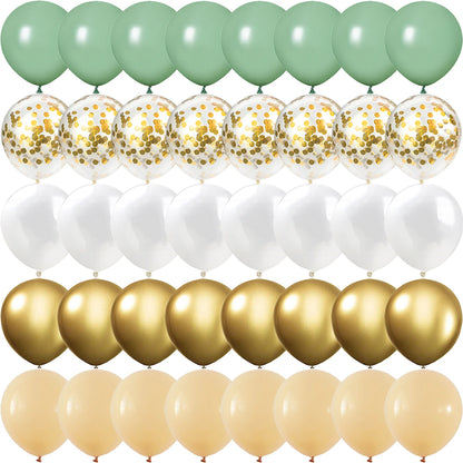 40PCS Sage Green Gold White Latex Confetti Balloons – Elegant Balloon Set for Baby Shower, Birthday, Wedding & Party Decorations