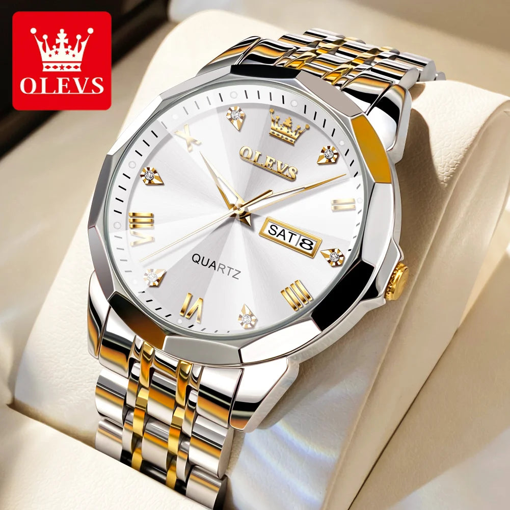 OLEVS 9931 Men’s Quartz Wristwatch – Luxury Diamond-Style Dial, Dual Calendar, Waterproof Design & Stainless Steel Strap