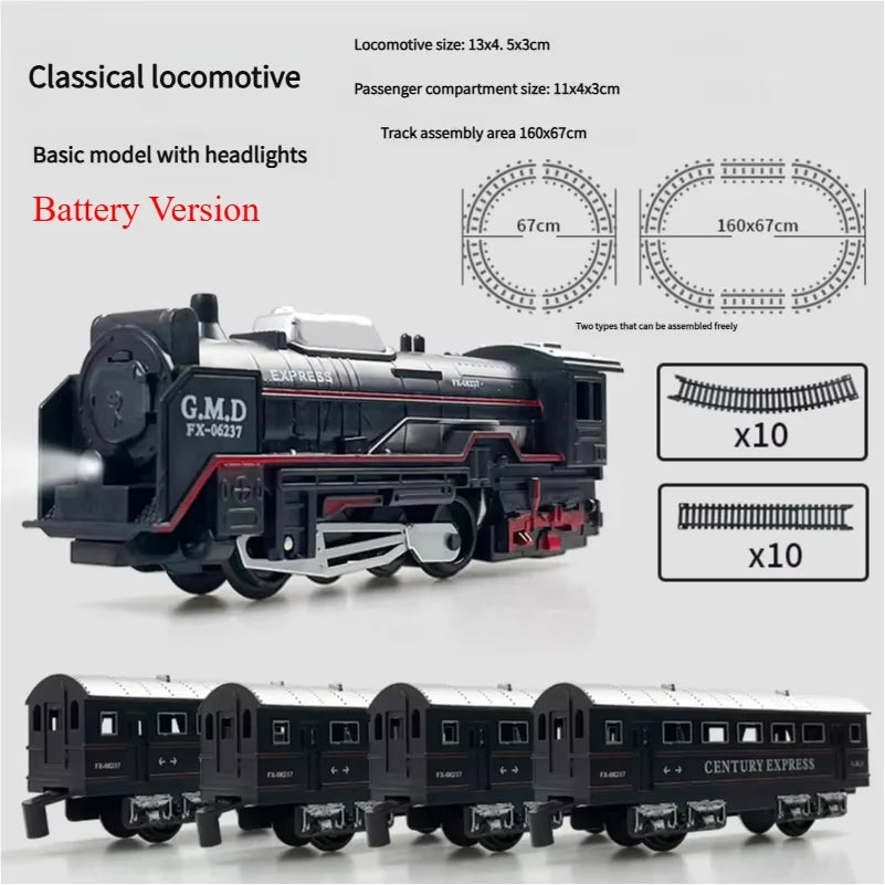 Retro Electric Freight Steam Train Toy Set – DIY Assembly Railway Track with Lights, Sound & Smoke Simulation, Children’s Gift