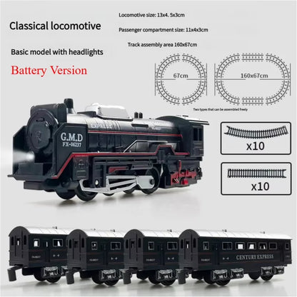 Retro Electric Freight Steam Train Toy Set – DIY Assembly Railway Track with Lights, Sound & Smoke Simulation, Children’s Gift
