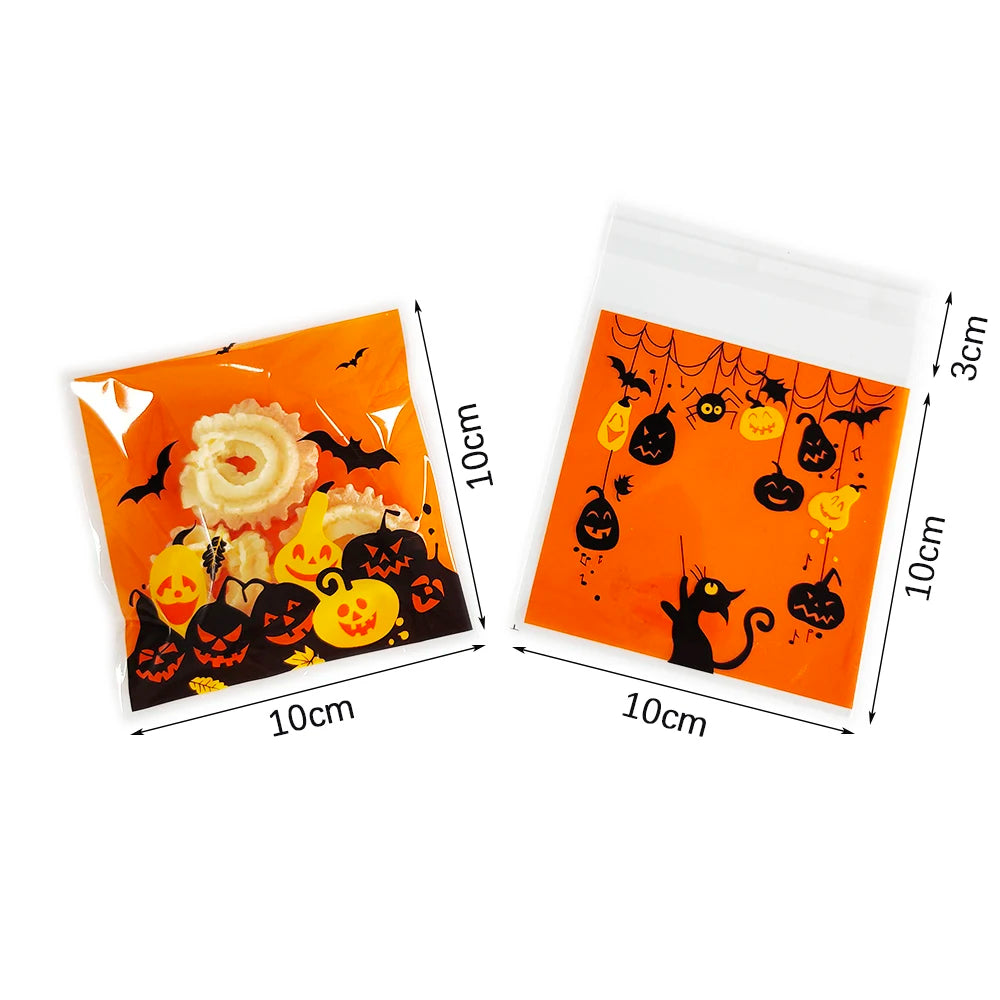 100PCS Halloween Candy Bags, Plastic Gift Packaging Bags with Ghost Pumpkin and Spider Prints, Trick or Treat Goodie Bags, Halloween Party Favors and Decorations