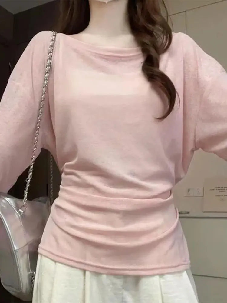 Women’s See Through Long Sleeve Oversize T-Shirt Sexy Back Bandage Off Shoulder Basic Long Tee Korean Chic