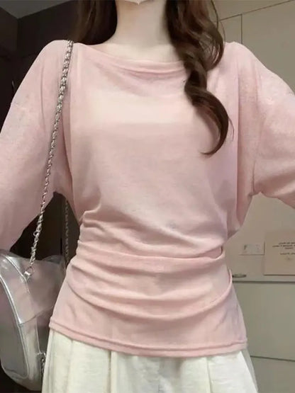 Women’s See Through Long Sleeve Oversize T-Shirt Sexy Back Bandage Off Shoulder Basic Long Tee Korean Chic