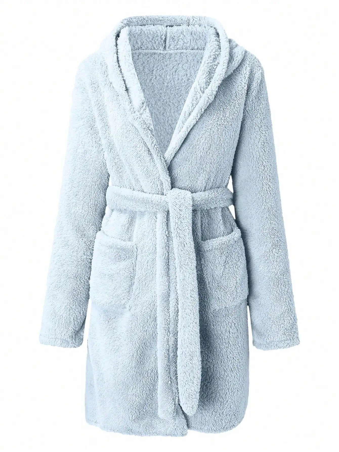 Women’s Hooded Fleece Robe – Solid Color Cozy Warm Bathrobe with Belt for Autumn & Winter Home Wear