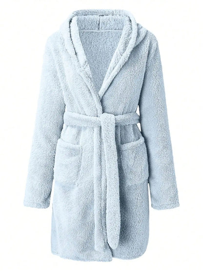 Women’s Hooded Fleece Robe – Solid Color Cozy Warm Bathrobe with Belt for Autumn & Winter Home Wear