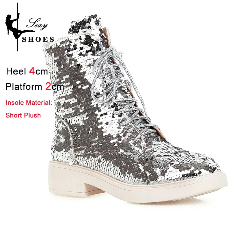 Women’s Plush Ankle Boots – Autumn & Winter Low Heel Round Toe Zipper Short Boots with Sequined Multi-Color Knit Design