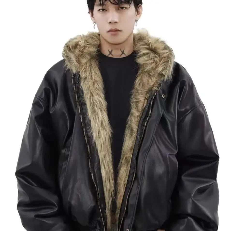 Men’s Thick Faux Leather Winter Coat – Solid Color Loose-Fit Jacket, Trendy American Casual Outerwear for Everyday Wear
