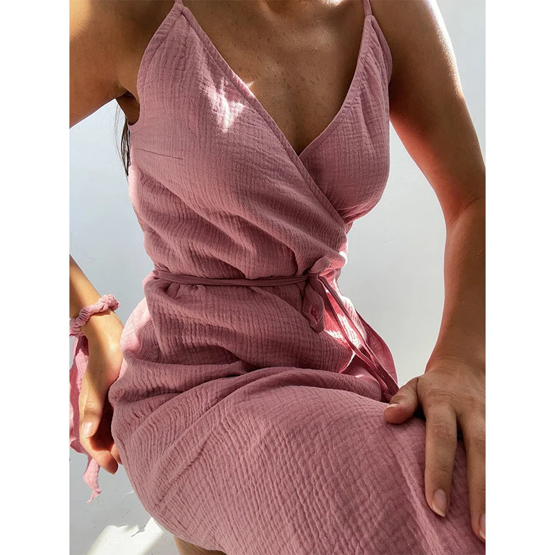 Vintage Women's Maxi Dress 100% Cotton Crepe Gauze V-Neck Sleeveless Bandage Long Elegant Summer Dress