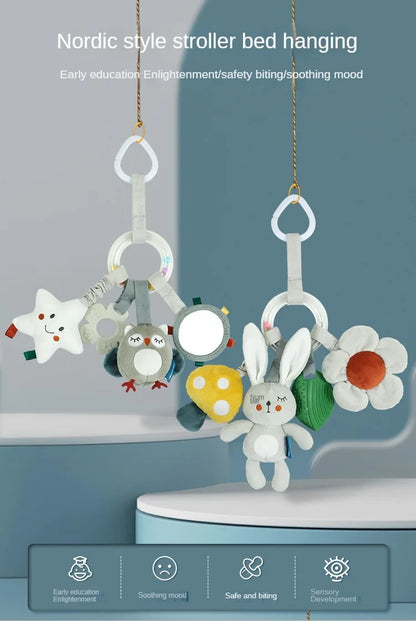 Peluche de actividades "Bebé Arcoíris" – Juguete sensorial colgante para cochecito para 0-12 meses, juguete móvil para asiento de coche y cuna, juguete de viaje suave y educativo para el desarrollo y juego del recién nacido.