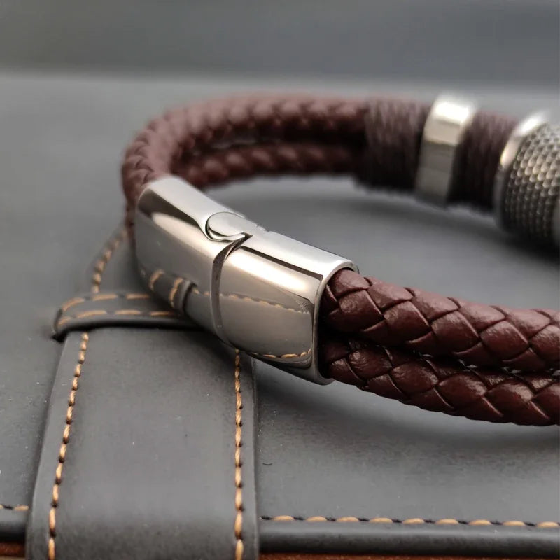 Luxury Vintage Leather Bracelet for Men – Multi-Layer Brown Leather & Stainless Steel Bead Wrist Bangle | Fashion Jewelry Gift