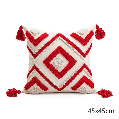 Boho Embroidered Throw Pillow Cover - Geometric Tassel Cushion Cover for Sofa, Living Room & Home Decor