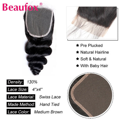 Paquetes de cabello humano indio con ondas sueltas y cierre de encaje – Extensiones de cabello natural de 3 o 4 paquetes