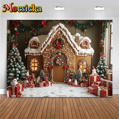 Mocsicka Christmas House Photography Backdrop – Xmas Tree, Snowman & Gifts Holiday Background for Children, Adults, Family & Party Decor