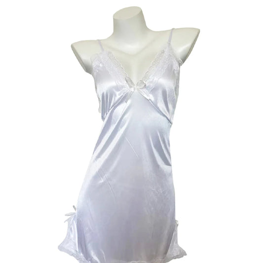 Conjunto de camisón de satén y encaje para mujer – Camisón sin espalda y sin mangas con tanga, ropa de dormir y de estar por casa con detalle de lazo