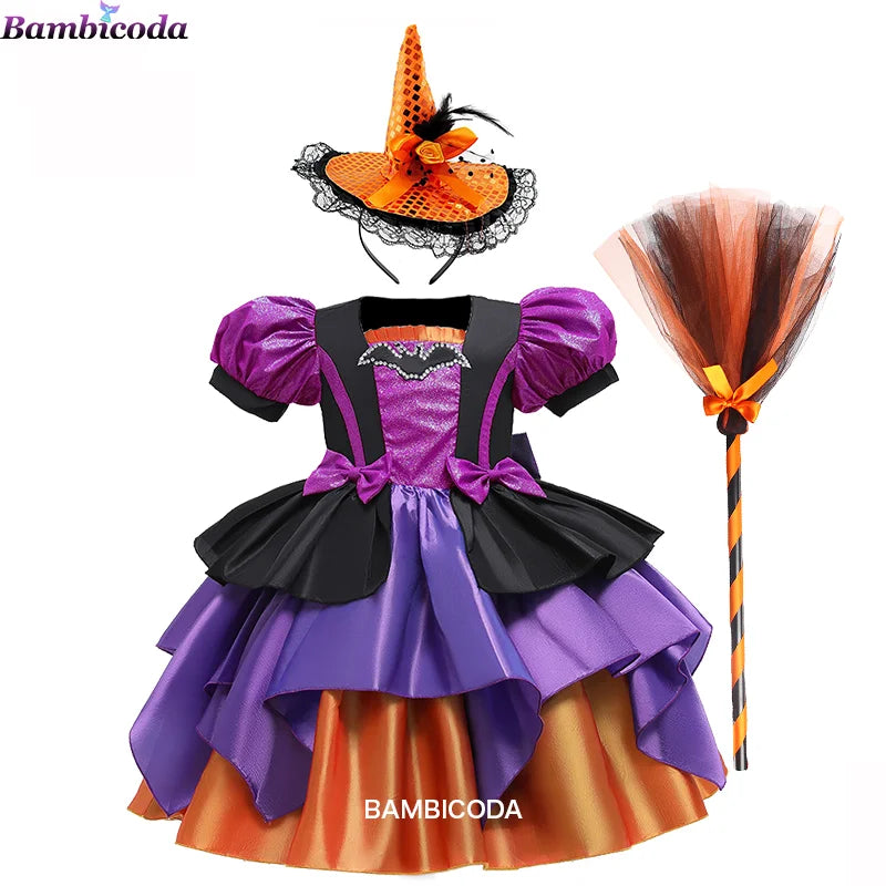 Girls Pumpkin Halloween Costume Dress – Fancy Bat Print Witch Princess Ball Gown for Cosplay, Festival & Party