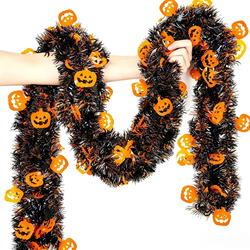 2M/4M Halloween Pumpkin Garland – Black & Orange Pumpkin Cutout Streamer, Spooky Hanging Decor for Front Doors, Outdoor Displays & Halloween Parties